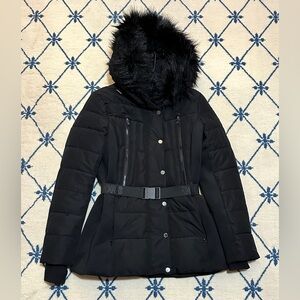 Michael Kors Active Belted Puffer Jacket Faux Fur Hood